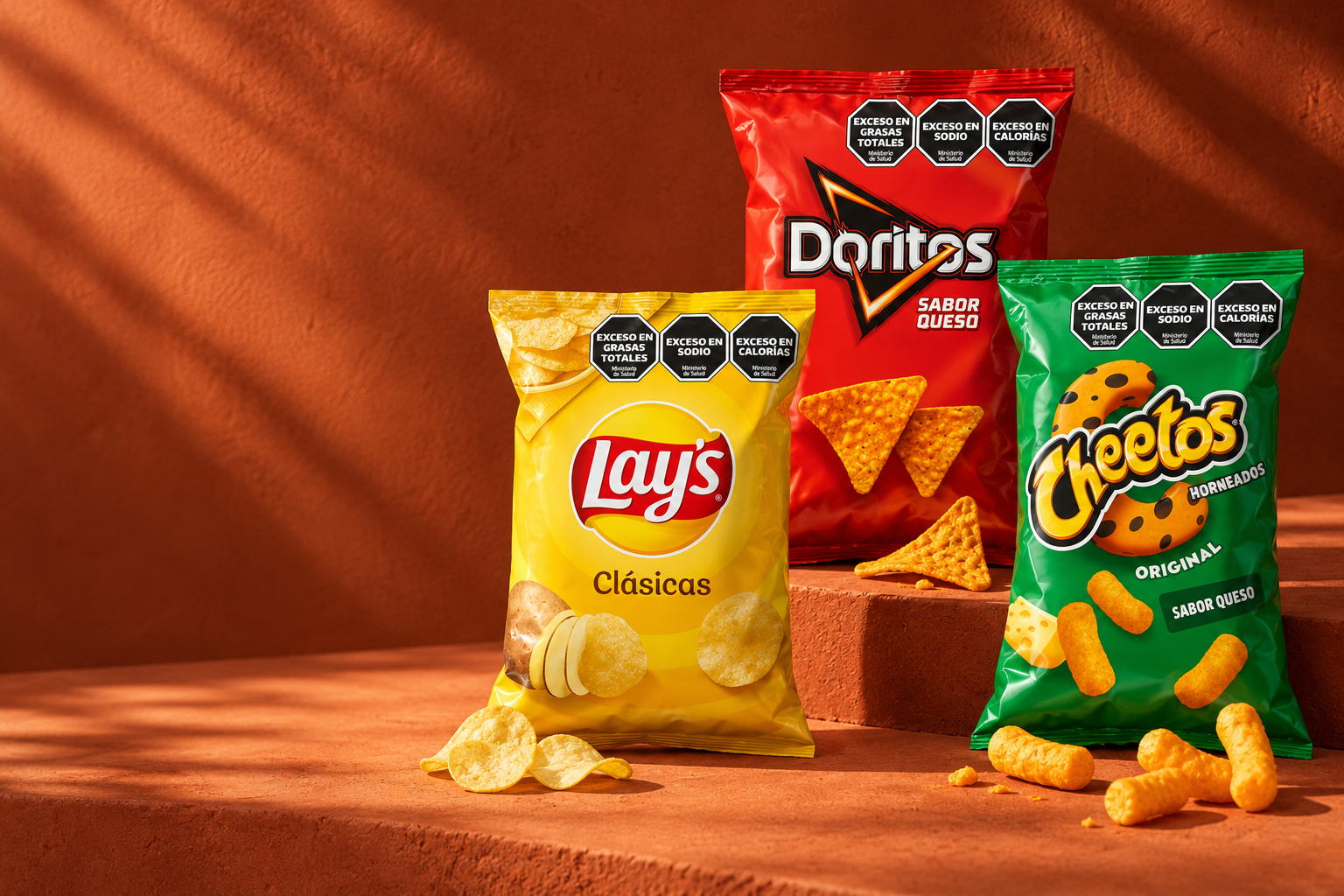 Composición de campaña con Lay’s, Doritos y Cheetos