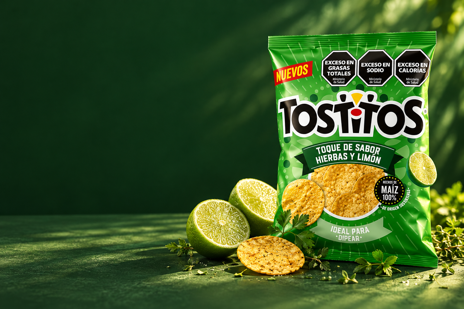 Tostitos hierbas y limón en una composición con limas frescas
